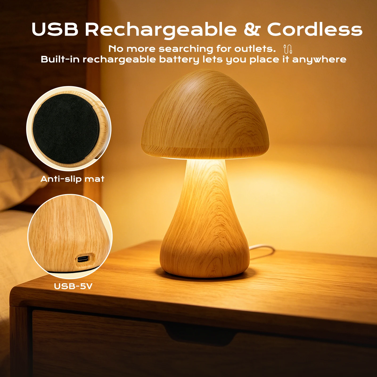 Wooden Texture Mushroom Lamp 3 Lighting Modes Touch Switch Sleep Night Light for Bedroom Decor