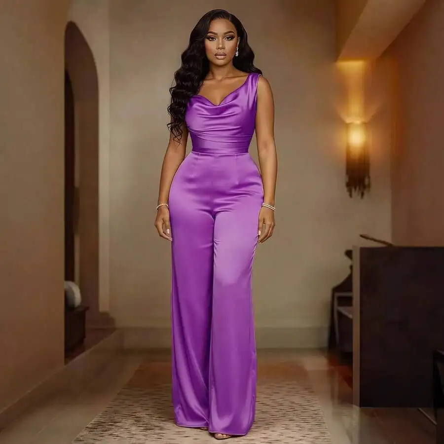 

Purple Satin Sleeveless Jumpsuit High Waist Wide Leg Elegant Womens Party Outfit Spring Summer