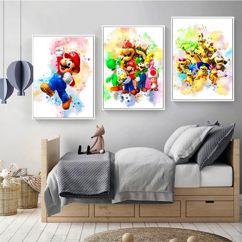 Graffiti Watercolour Art Mario Poster Prints Playroom Canvas Paintings Wall Picture Living Room Kids Bedroom Home Decor Cuadros