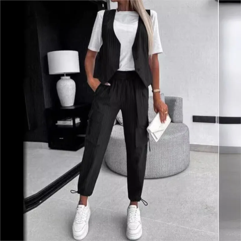 White Striped Vest Suit For Women Summer Casual V-neck Button Top Pocket Loose Pants Outfits Two-piece Suit For Women Elegant