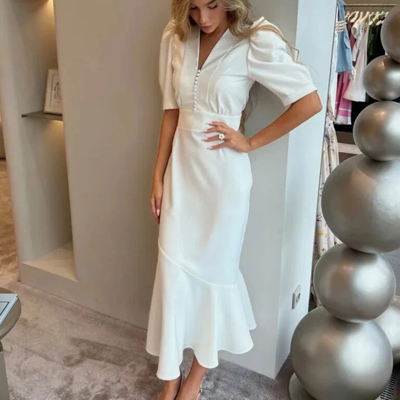 

Ticketsx White Sexy V Neck Dress Women's Short Sleeve Buttons High Waist Dress Summer Female Fashion Elegant Casual Slim Dresses