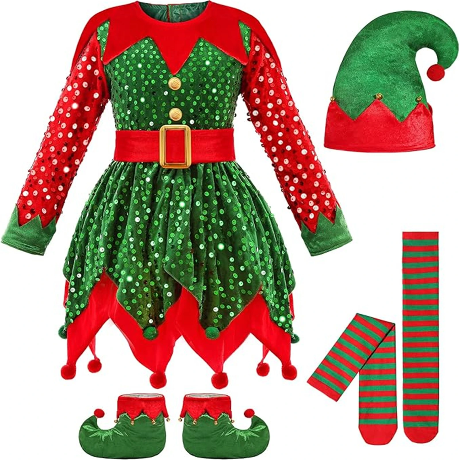 

Kids Girl Boys Elf Cosplay Costume Christmas Green Glitter Elf Costume With Hat Shoes Santa'S Party Performance Costume