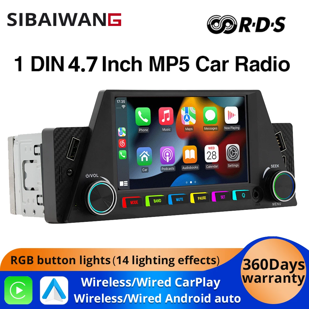 1Din Carpaly Car Radio 7'' Wireless Android Auto MirrorLink Multimedia Player USB TF Type-c Charge Bluetooth FM RDS AM Radio