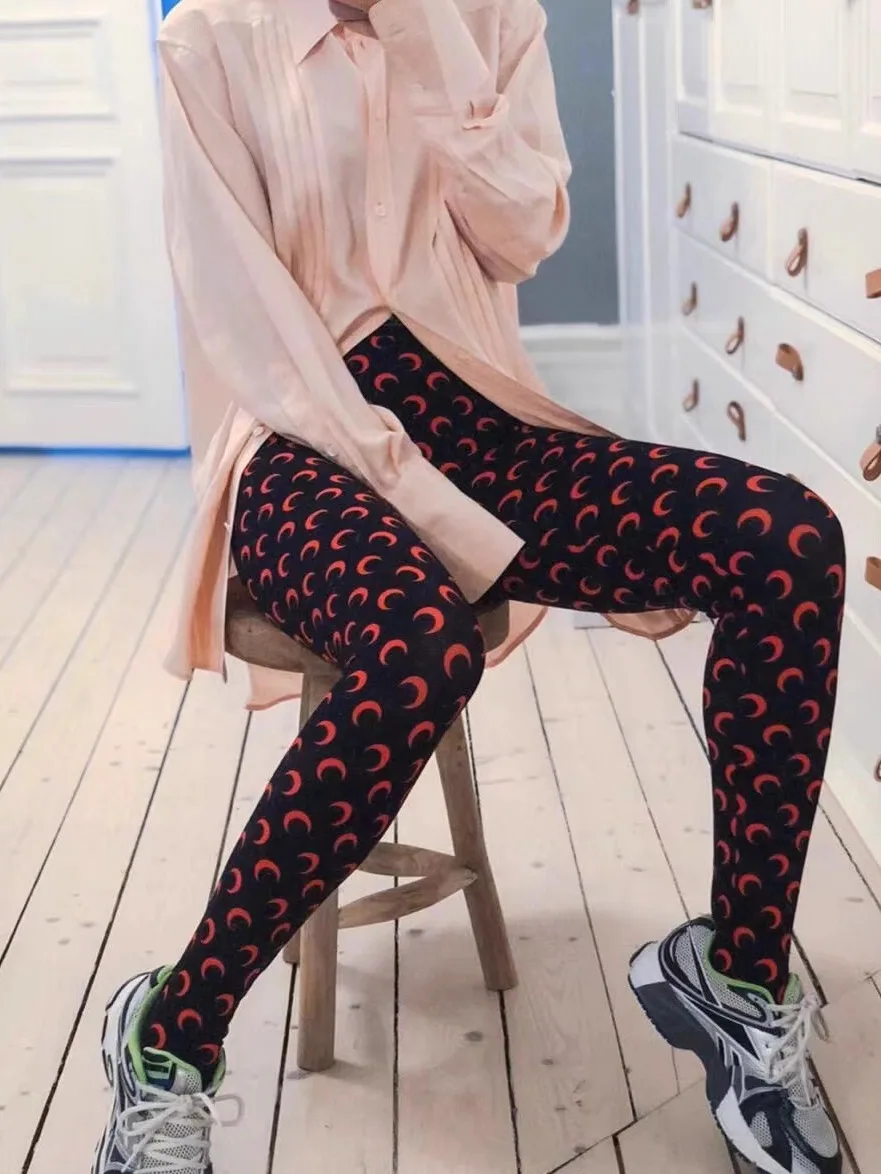 

Тонкие базовые брюки с лунным принтом, эластичные повседневные длинные брюки из ледяного шелка, трикотажные брюки с высокой талией, удлиненные подтягивающие ягодицы