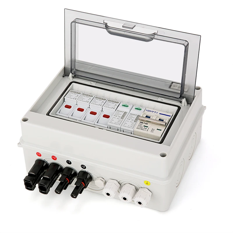 Zonne-Energie Fotovoltaïsche Pv Combiner Box Met Bliksembeveiliging 2 Ingang 1 Dc 600V Zekering Mcb Spd Waterdichte Doos Ip65