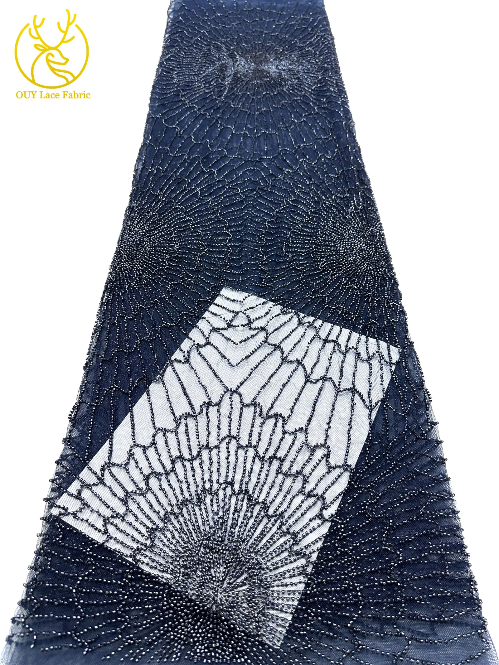 Luxuriöser afrikanischer, stark perlenbesetzter Spitzenstoff, goldene nigerianische Perlen-Spitze, französischer Tüll-Spitzenstoff für Brautkleider und Hochzeitskleider zum Nähen – Detail 25