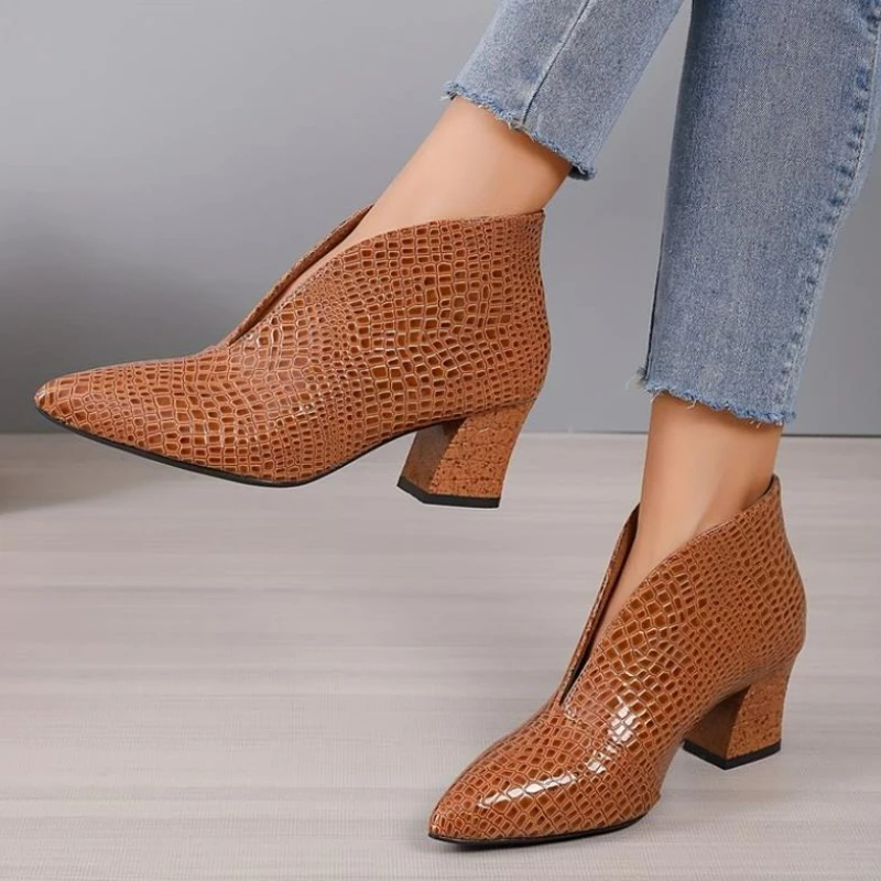Fashion Autumn Pointed Toes V-mouth Patent Leather Short Boots Women High Heels Snake Skin Ankle Boot Chunky Heels Leather Shoes