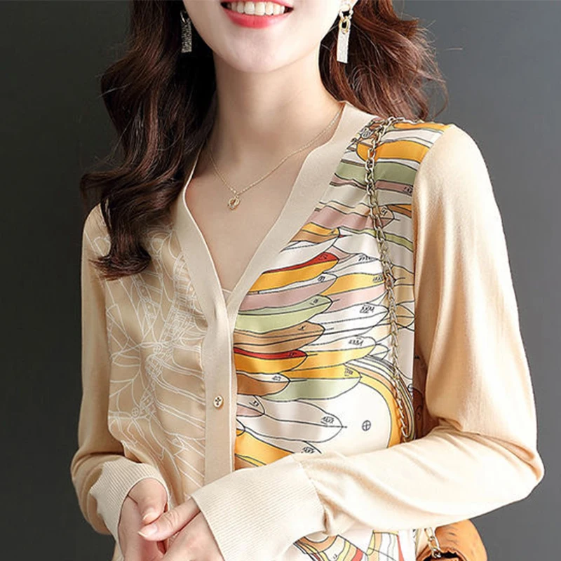 Customization Autumn Winter Casual Fashion V-neck Print Patchwork Sweater Cardigan Ladies Long Sleeve Single Breasted Knitting T