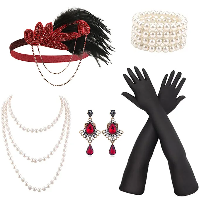 Women 1920s Flapper Accessories Set Feather Rhinestone Headband Multi Strand Pearl Necklace Bracelet Drop Earrings Long Gloves
