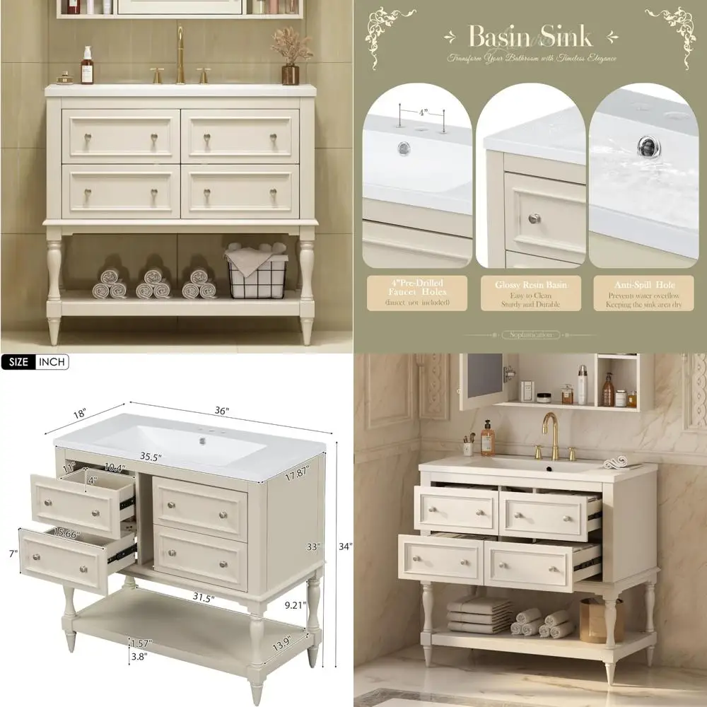 

Отдельно стоящий туалетный столик с одной раковиной 36 дюймов с 4 ящиками и открытой полкой для хранения в ванной комнате из цельного дерева