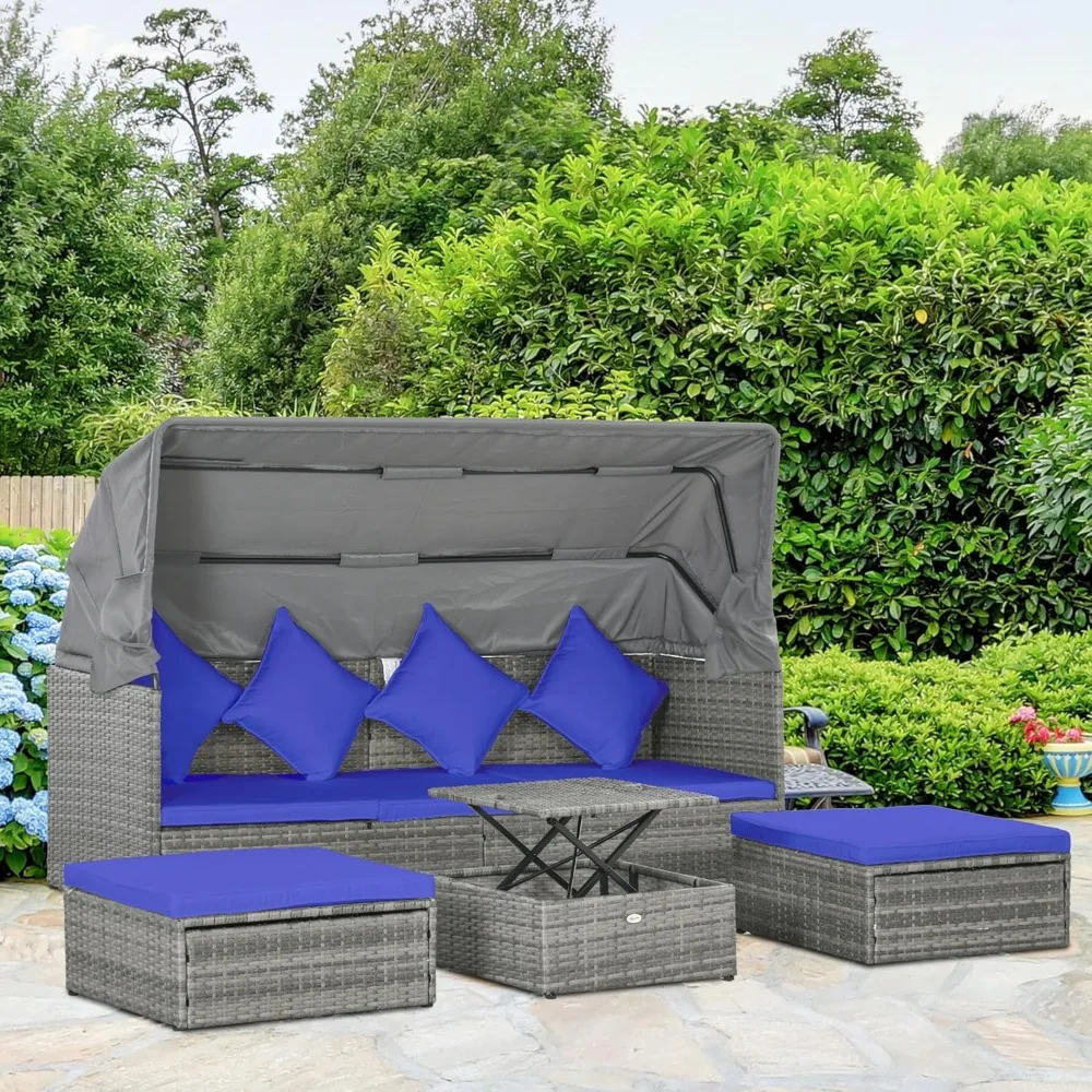 4 Piece Patio Furniture Set with Cushions,  Rattan Daybed with Retractable Canopy, Outdoor Sectional Sofa Set