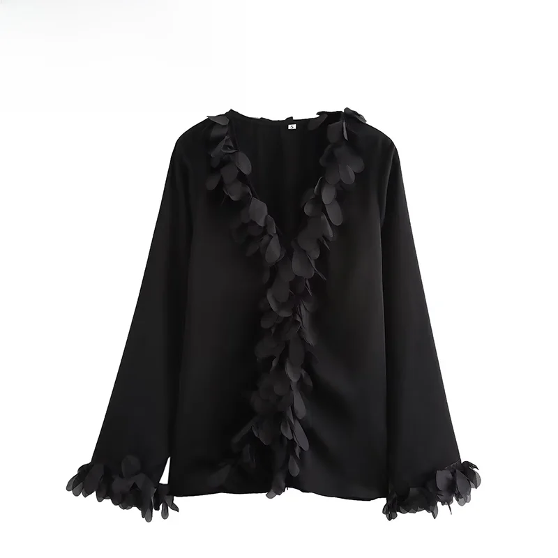 

Spring New ZR Women's Shirt Fashionable Decorative 3D Lace Elegant Versatile Straight Cut Long Sleeve Polyester Fiber Blouse
