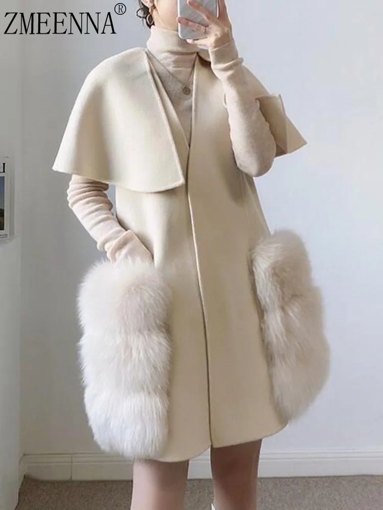 

ZMEENNA Elegant Ivory Cape Coat For Women Luxurious Faux Fur Pocket Detail Winter Outerwear Stylish And Warm ZM3610