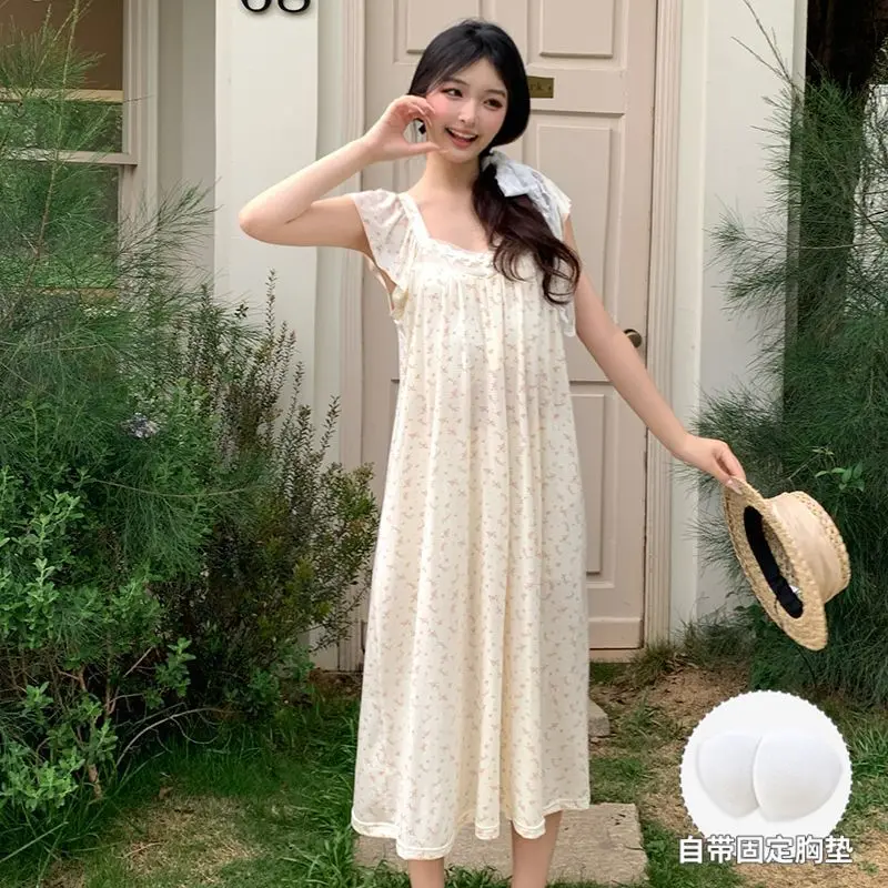 

Built-in Bra Pajamas Women Summer Thin Ruffle Sleeves Suspender Nightgown Korean Print Long Dress Loungewear Can Be Worn Outside