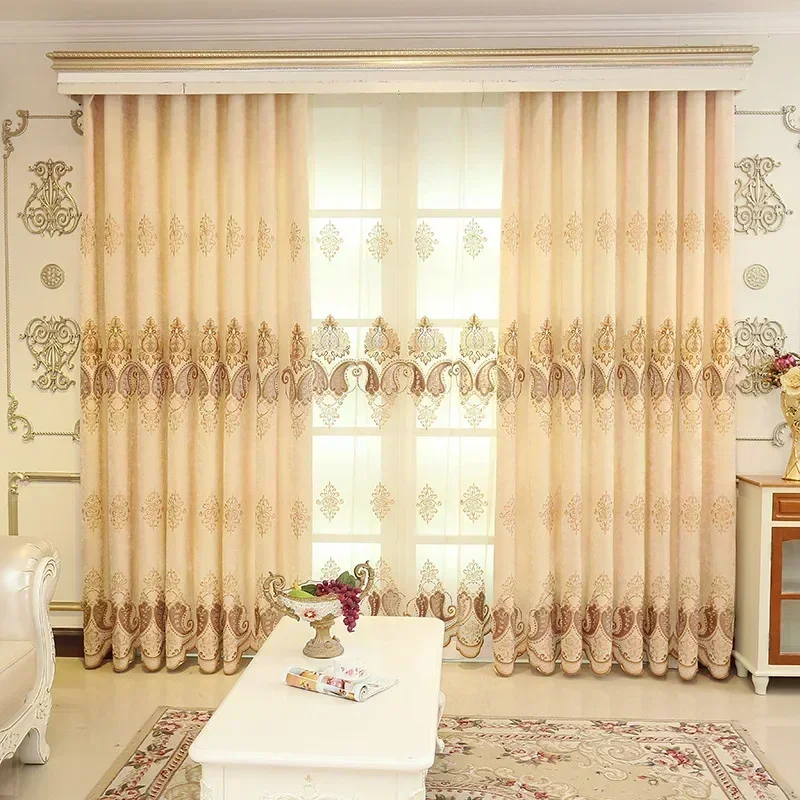 Cortina bordada europea de chenilla para sala de estar, dormitorio, ventana francesa de lujo, telón de fondo, cenefa de cortina Beige elegante