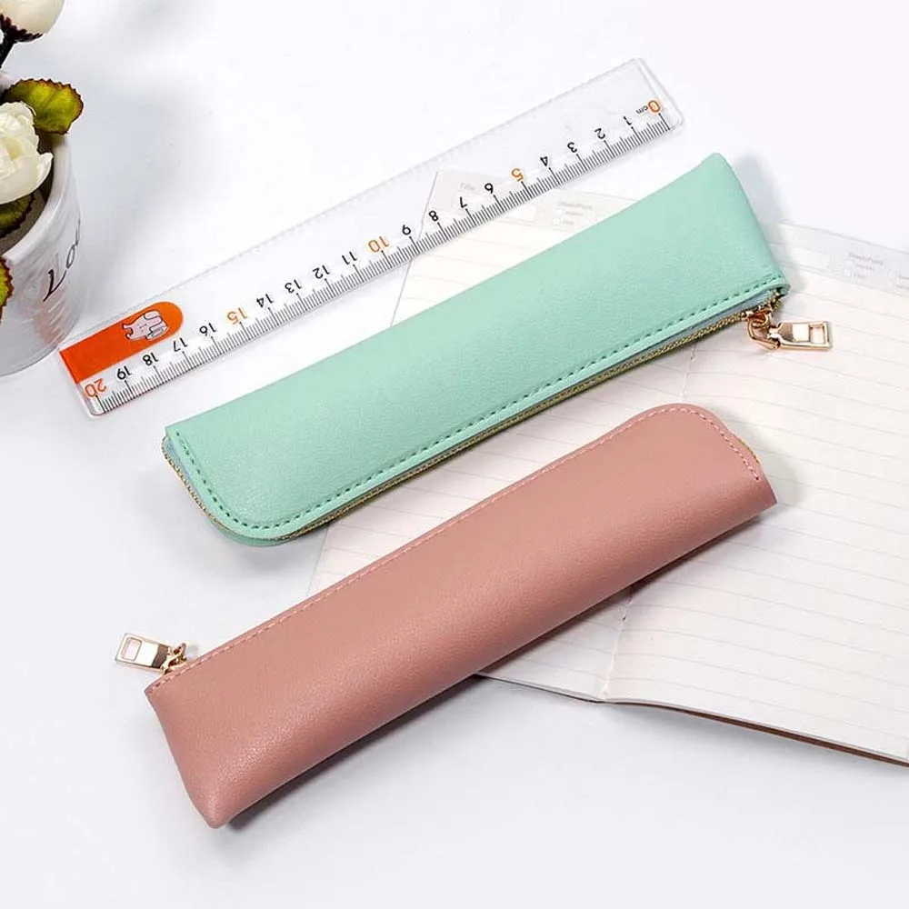 

Storage Pouch PU Leather Pencil Case Desktop Storage Makeup Brush Leather Stationery Bag Portable Korean Style