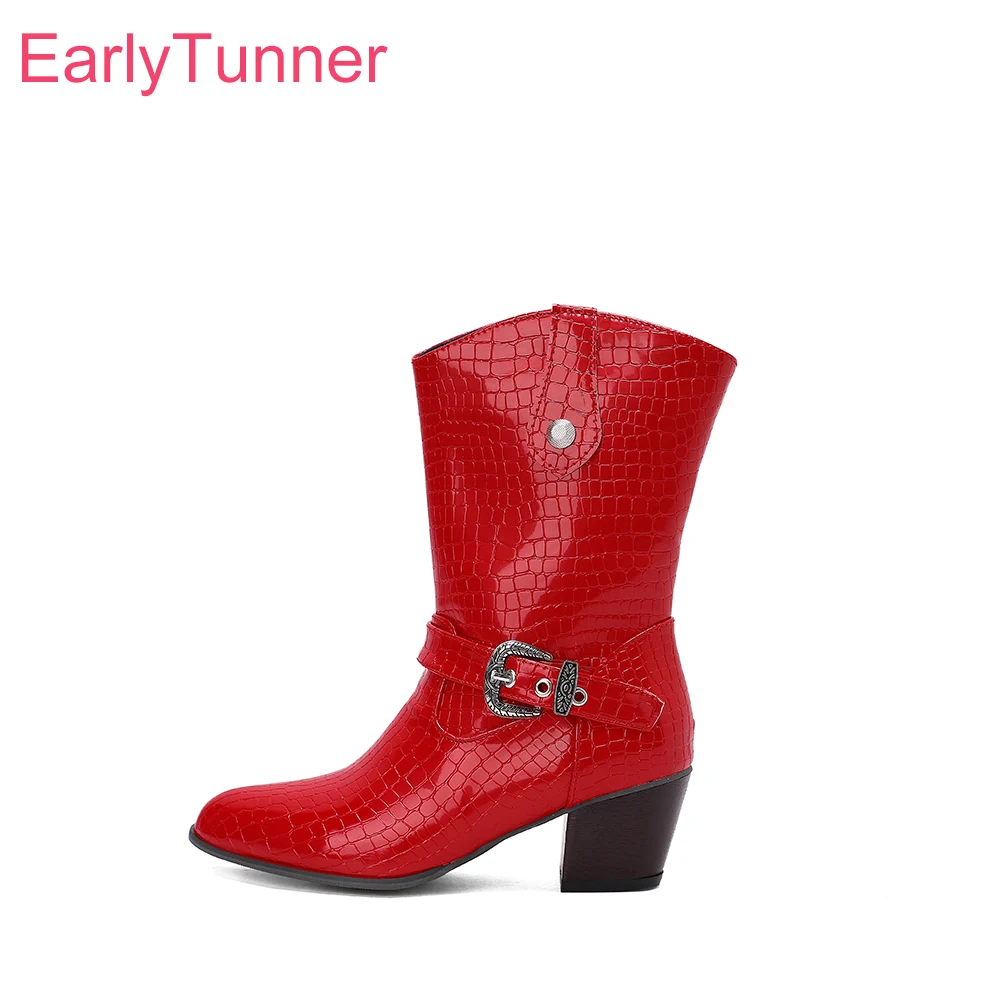 

2025 New Winter Glamour Red White Women Mid Calf Boots Pointed Toe Med Block Heel Lady Shoes Plus Big Size 10 43 45 48