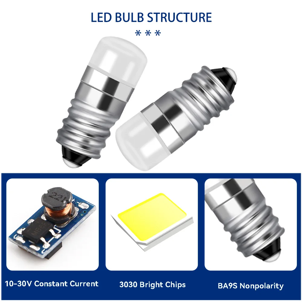 4X E10 Lampadina in miniatura E10 Lampadine a vite LED 10-30 Volt AC/DC Torcia elettrica Torcia Attrezzatura Indicatore Paesaggio Percorso Luce