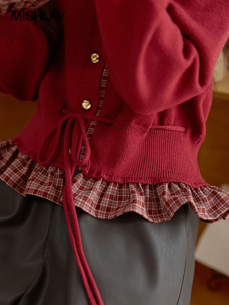 MISHOW عيد الميلاد المرأة سترة 2025 الأحمر وهمية قطعتين منقوشة المرقعة متماسكة أعلى س الرقبة واحدة الصدر ملابس خارجية MXE45Z2483 #2