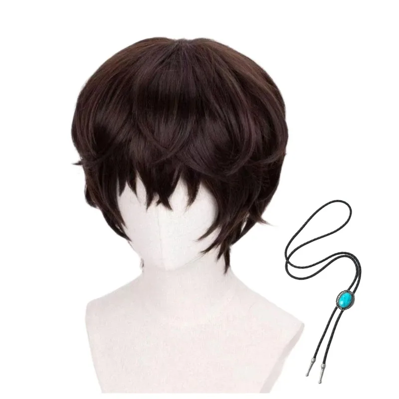 Парик Дазай Осаму, аниме Бунго, бродячие собаки, косплей, короткие коричневые термостойкие волосы, парики, галстук-боло, ожерелье, бесплатные колпачки, 3 дюйма, 6, 8 дюймов
