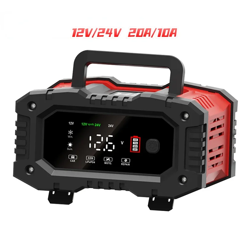Draagbare 20A/10A Auto Acculader 12V 24V Automatische Motorfiets Vrachtwagen AGM LiFePO4 Lood-zuur Start Stop batterij met Reparatie