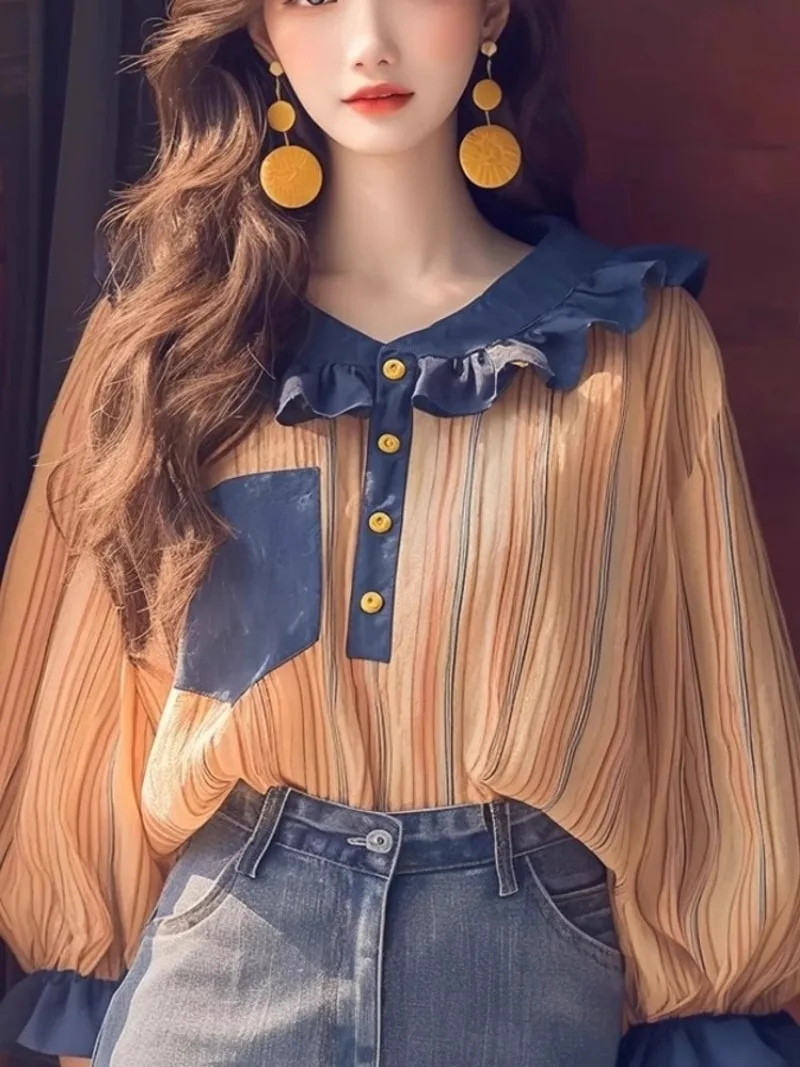 Vintage Women\'s Blouses New Spring/summer Patchwork Shirts Loose Stripes Korean Clothing Long Sleeve Women Tops