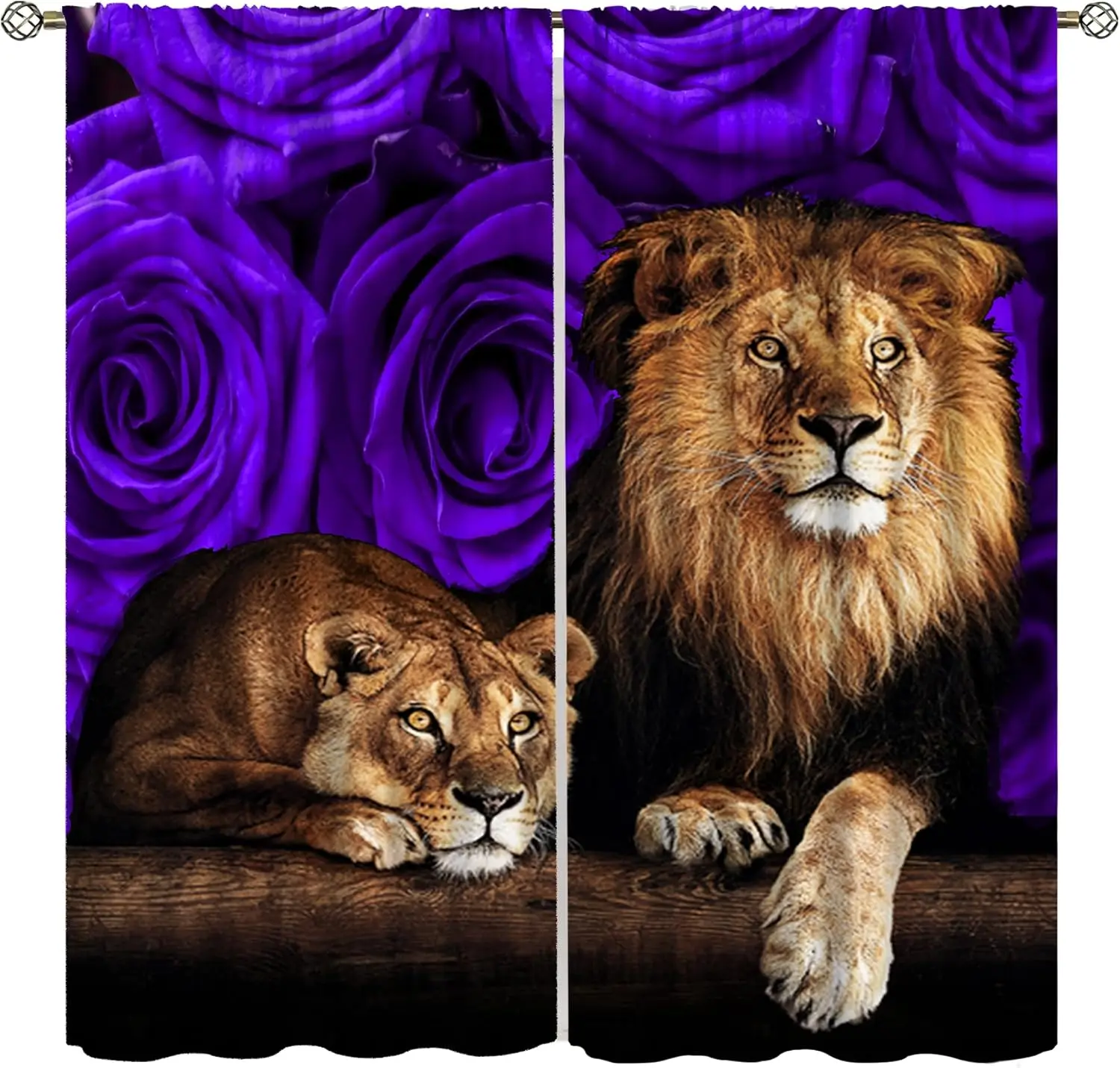 African Lion Animal Curtains, Purple Elegant Rose Grassland Wild Lion Wildlife Window Treatments Drapes for Boys Girls Bedroom