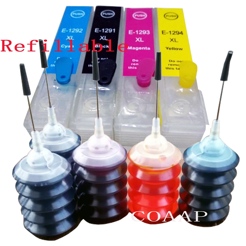 4Pack Refillable T1291 T1295 Empty cartridge + 120ML Dye ink for Stylus SX525WD SX535WD SX620FW Printer
