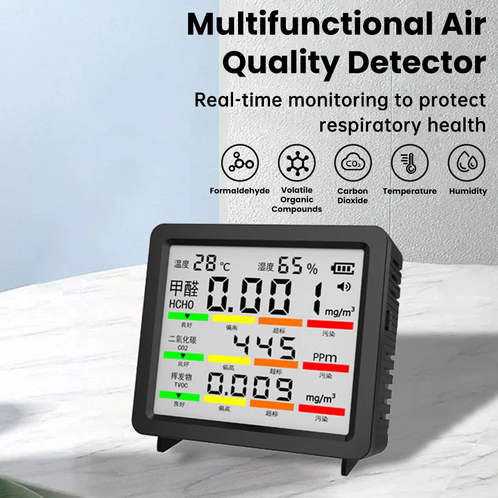 5 in 1 Air Quality Detector Large Screen CO2 HCHO TVOC Temperature Humidity Monitor Type-C Rechargeable Indoor Gas Tester