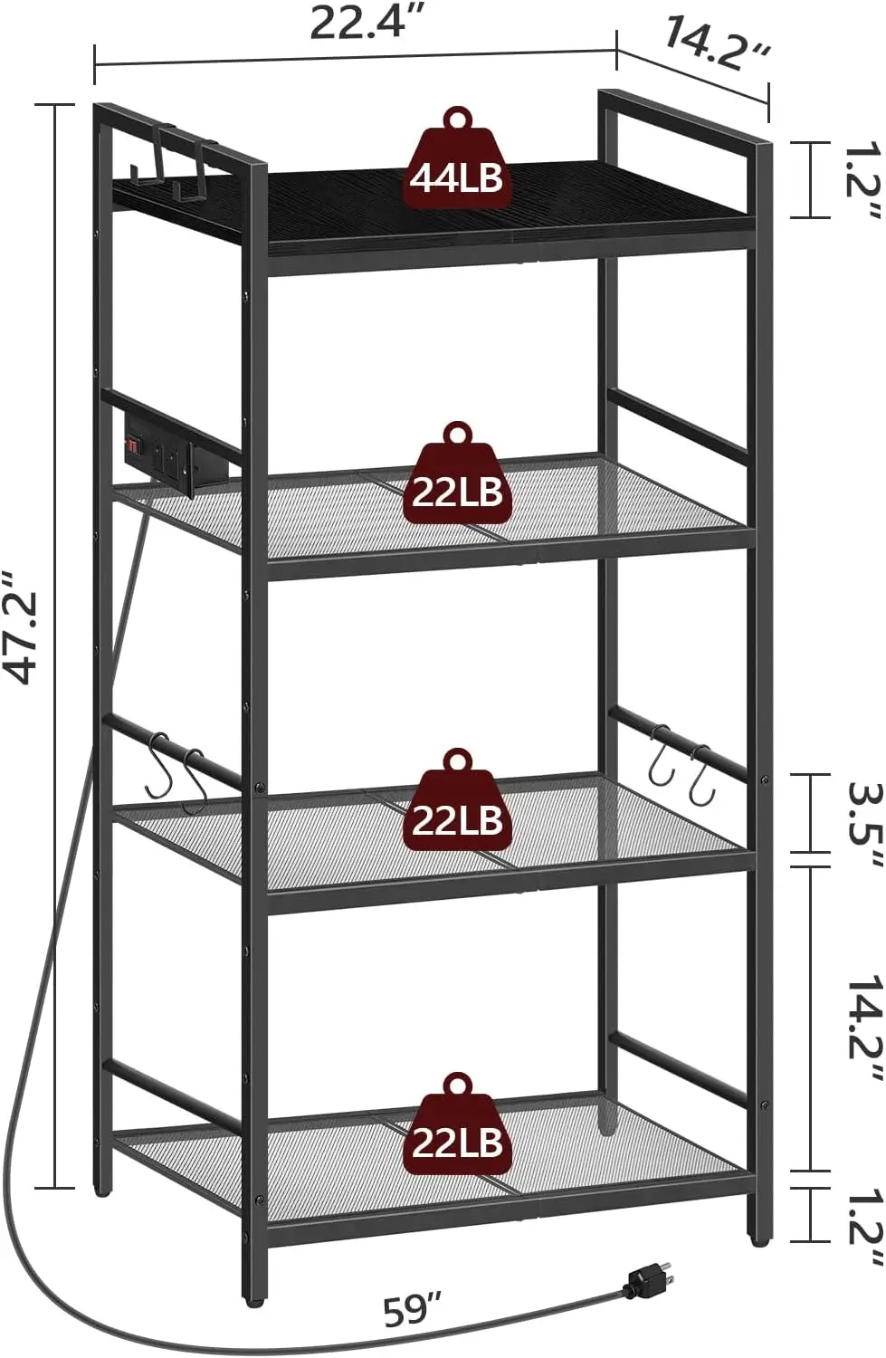 

Bakers Rack With Power Outlet, Microwave Stand With Hooks, Multifunctional Storage Rack, Coffee Bar With Enclosure, Kitchen