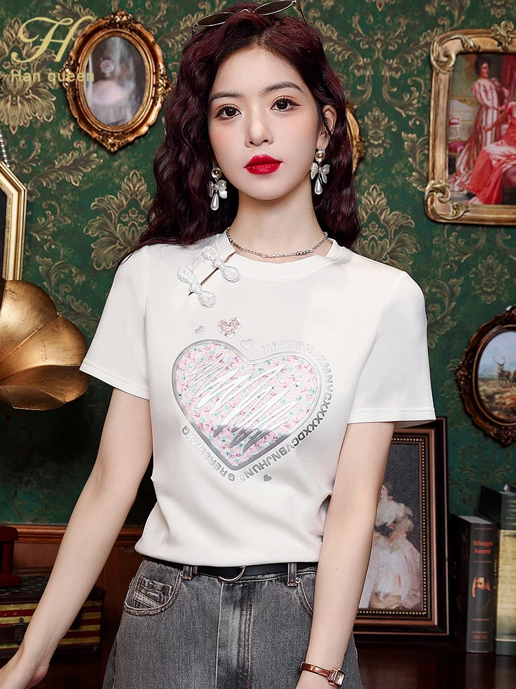 H Han Queen New 2024 Short Sleeve T-Shirts Women\'s Blouses Vintage Work Casual Crop Top Loose Summer Tees Korean Popular Clothes