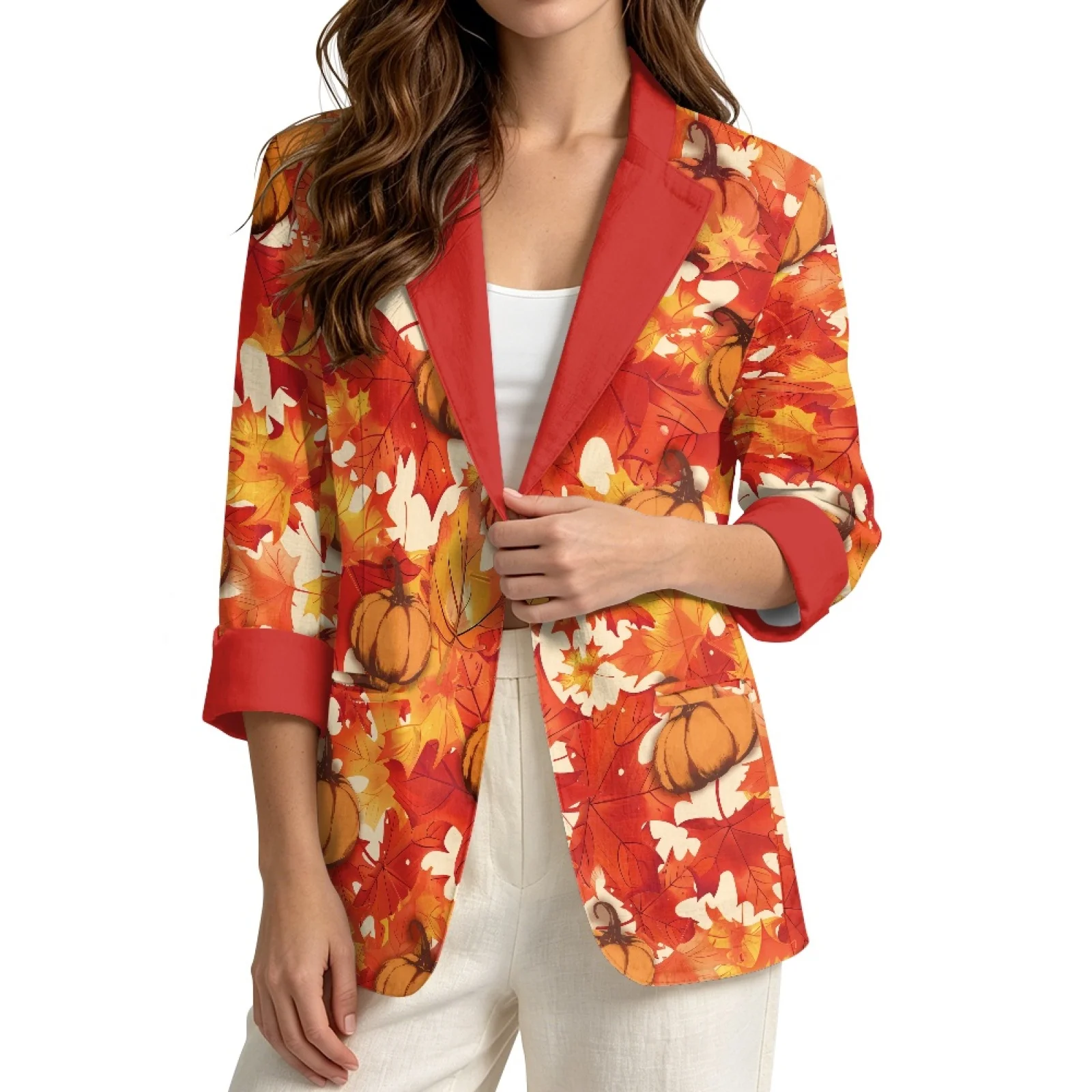 PENSTROLL Pumpkin Maple Leaf Linen Like Outerwear for Outing Open Front Beach Top Open Front Tops