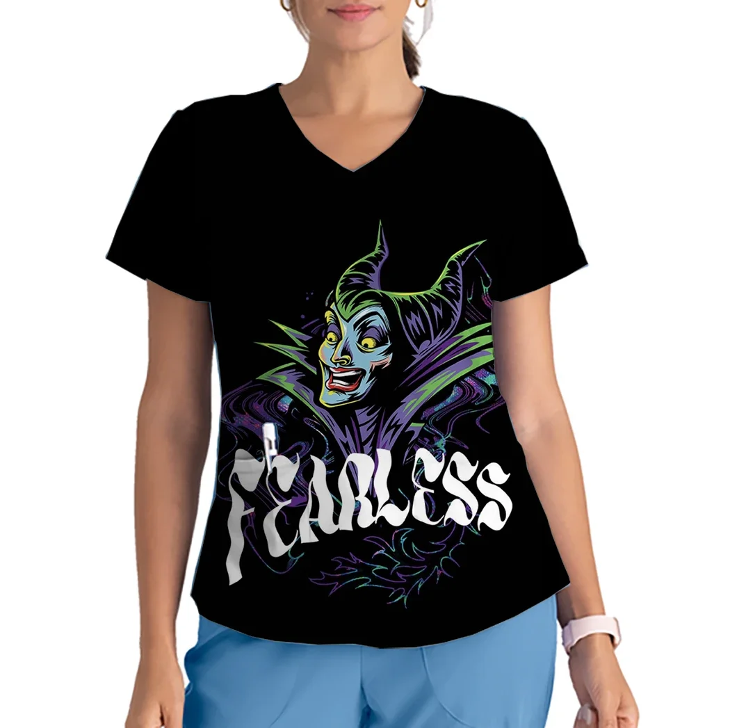 Uniforme de enfermera delgado de Maléfica de Disney, Top mate estampado con cuello en V, uniforme de enfermera veterinaria femenina, monos veterinarios para el cuidado de mascotas
