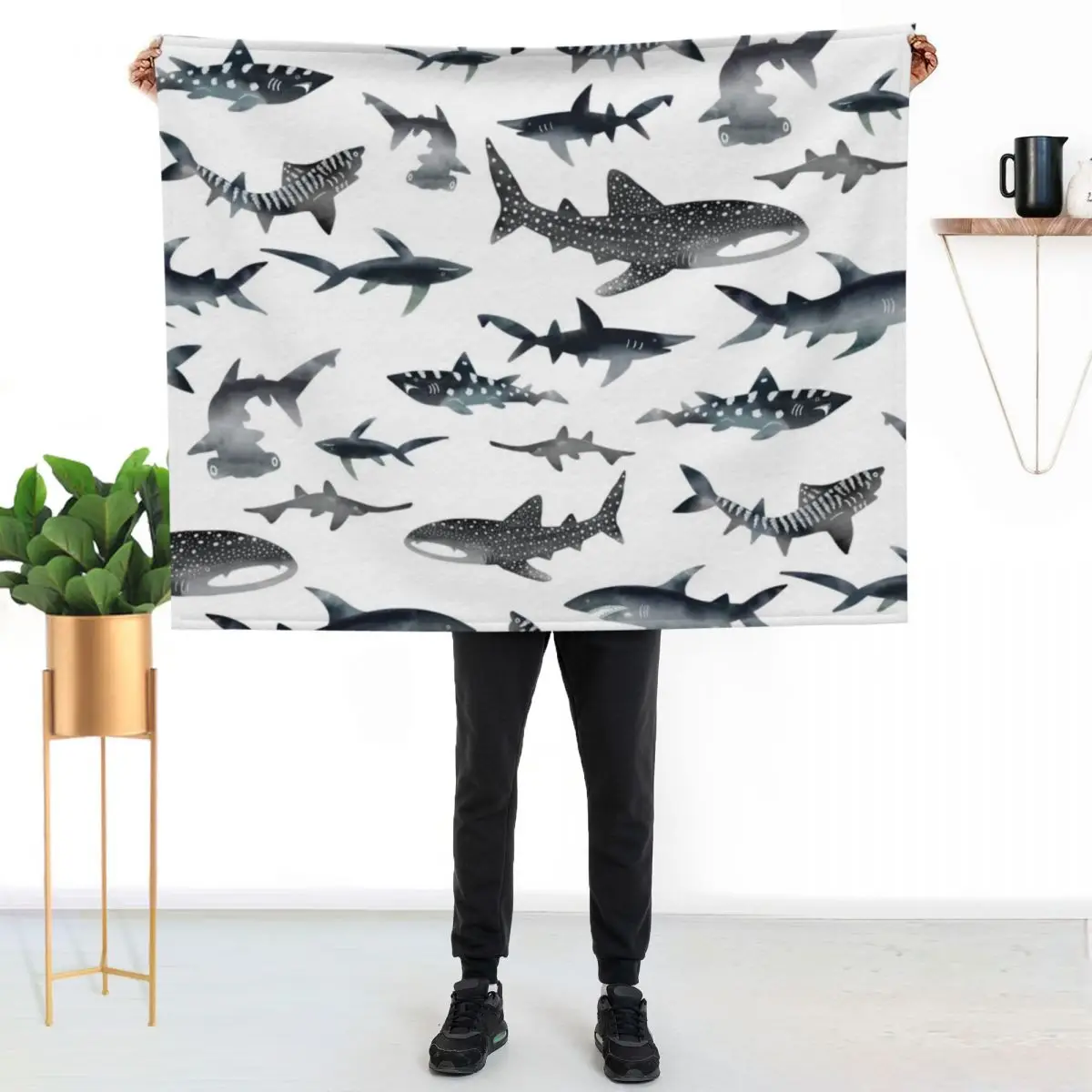 Sharks! Sharks! Sharks! Dark Ocean Watercolour Throw Blanket Camping blankets ands manga Thin Blankets