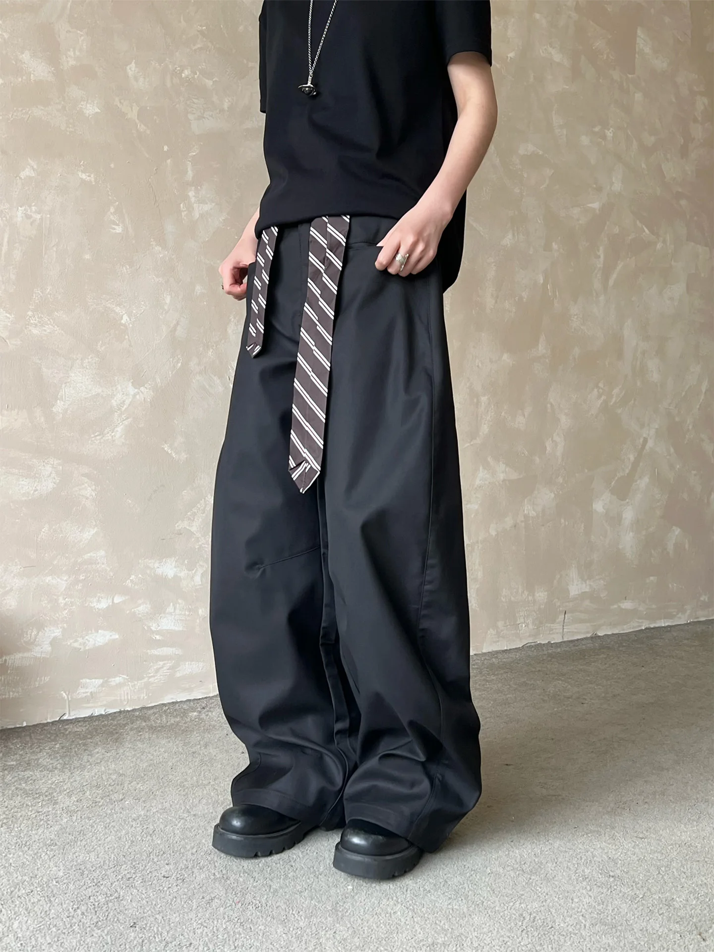 

Black Wide Leg West Pants Casual Knife Belt Neutral Style Fashionable High Waist Polyester Blend Fiber Online Exclusive ...