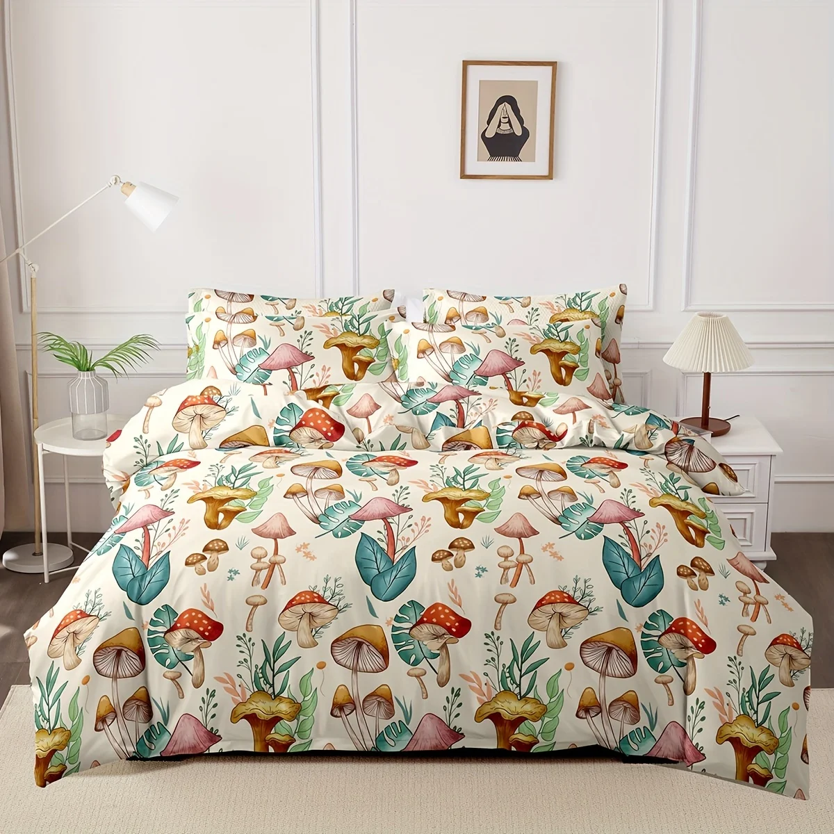 Vibrant Mushroom Plant Print Duvet Cover Set Soft Comfortable Machine Washable Floral Design for Bedroom Dorm