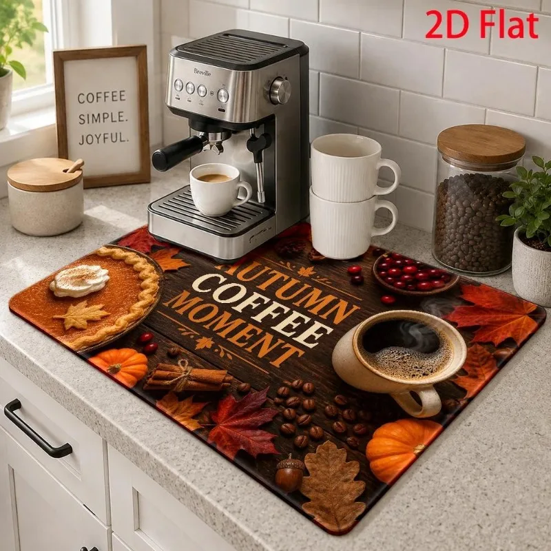 Super Absorbent Mat 2D Flat Autumn Coffee Moment Pad Dish Drying Cushion Thanksgiving Pumpkin Pie Placement Table Mat