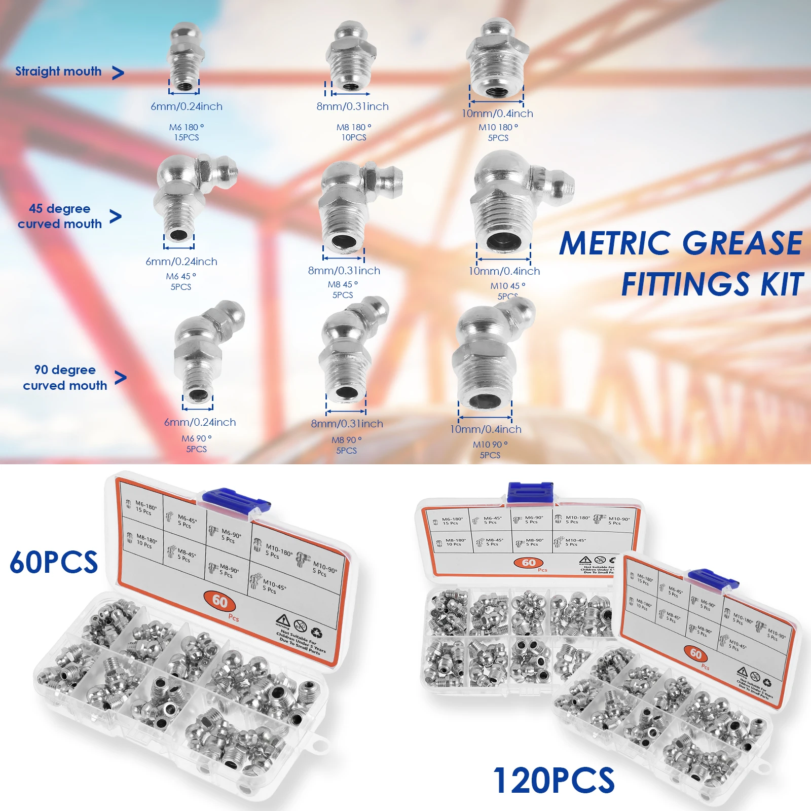 60/120Pcs Metric Grease Fitting Kit 9 Type Galvanized Metal Hydraulic Grease Zerk Assortment Set M6 M8 M10 Vehicle Nozzle Fuel