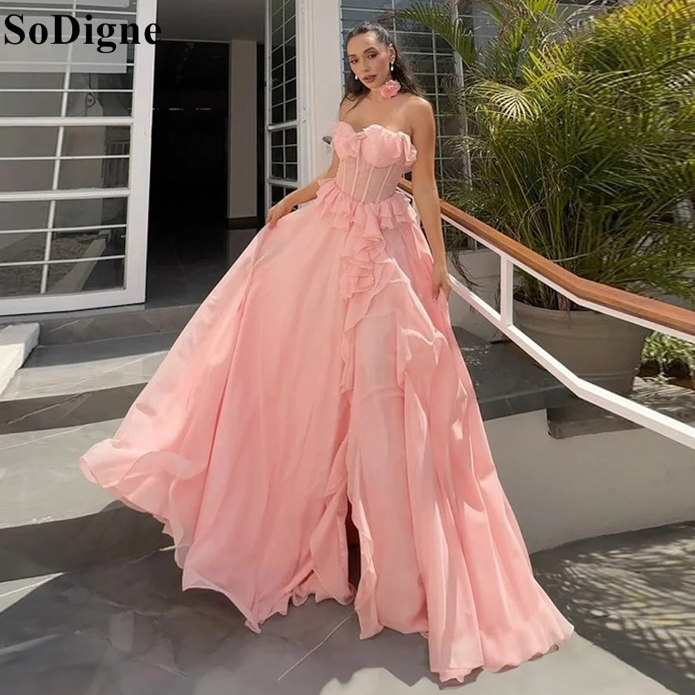 

SoDigne Blush Pink Chiffon Prom Dresses Strapless High Split A-Line Ruffles Princess 2024 Evening Gown for Women Formal Occasion