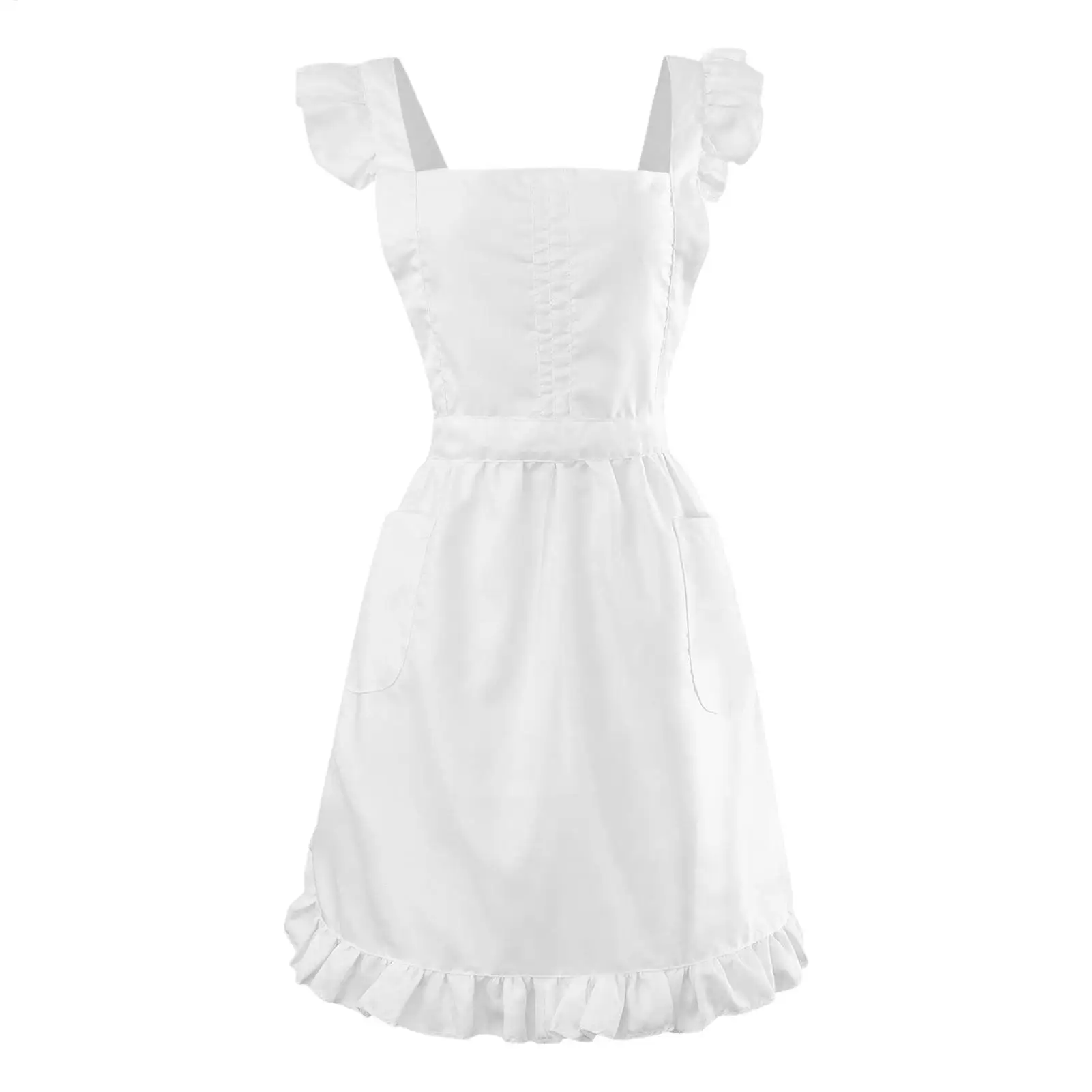 Vintage Apron Ruffles Outline Retro White Apron with Pockets Adjustable Victorian Bib Maid Cosplay Kitchen Baking Costume