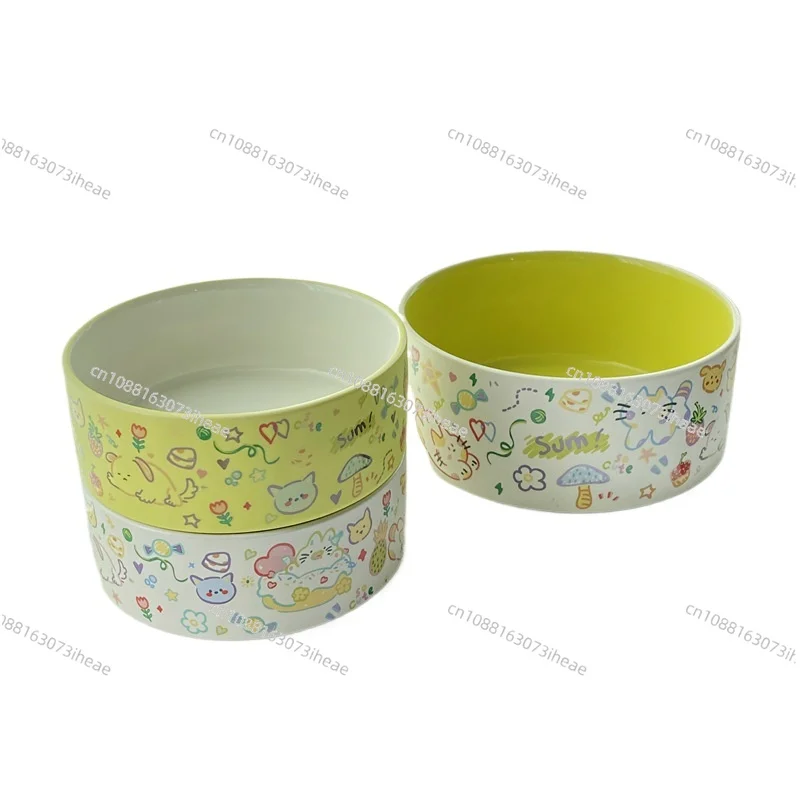Dual-Tone Doodle Ceramic Pet Bowl: Two-Colored Interior & Exterior, Non-Slip Feeder & Water Dish for Cats and Dogs.