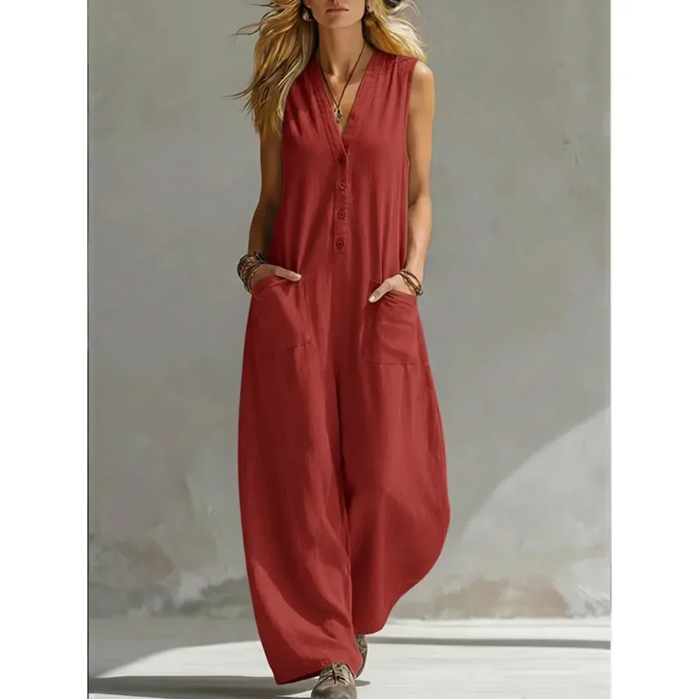 Women Linen Cotton Sleeveless Jumpsuit Dual Pocket Casual Loose Fit Breathable Soft Flattering Daily Commute Comfy Spring Summer