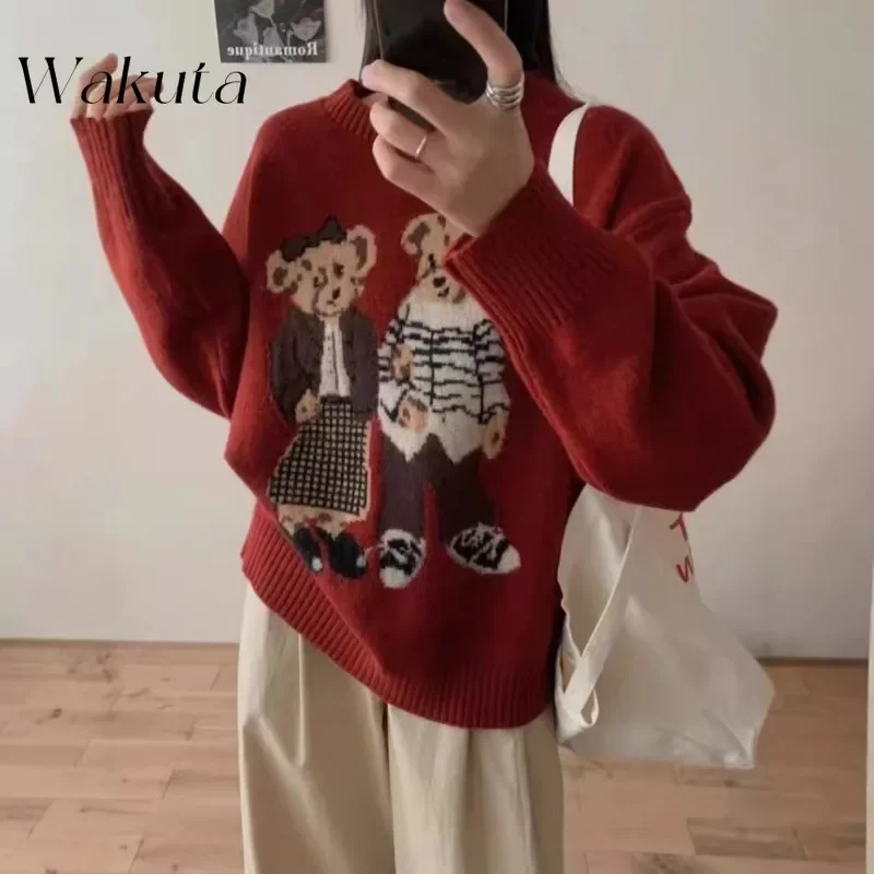 WAKUTA Japanese retro cartoon bear jacquard round neck knit sweater female fall new loose thin ageing soft sweater tops