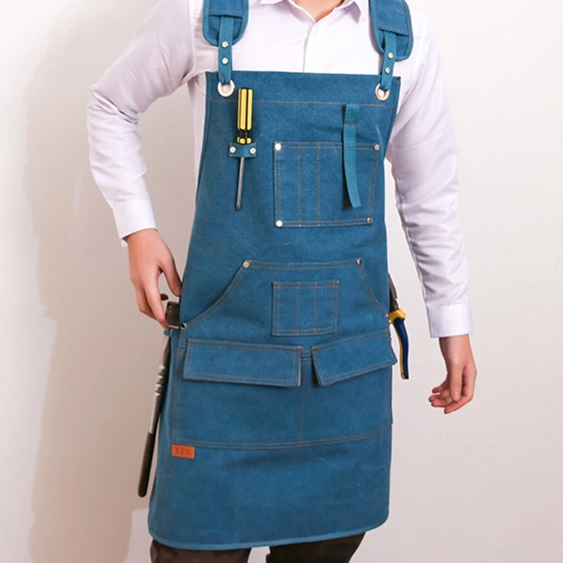 Men Women Canvas Work Apron Adjustable for Cross Back Straps Chef Aprons with Multi Pockets for Kitchen Cooking BBQ Coffee