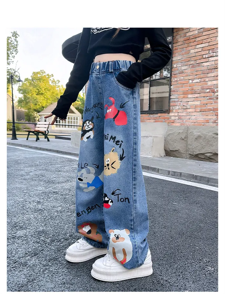 Heißer Verkauf: Blaue Jeans für Teenager-Mädchen mit Cartoon-Print, elastischem Mittelbund, lockerer Passform, Frühlingsmode, niedliche Kinderhose mit weitem Bein. – Detail 6