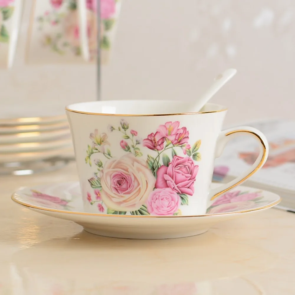 Rose Bone China Coffee Cup and Saucer,200ml European Style,Ceramic Afternoon Teacup Simple Phnom Penh Cups,Saucer and Spoon Set