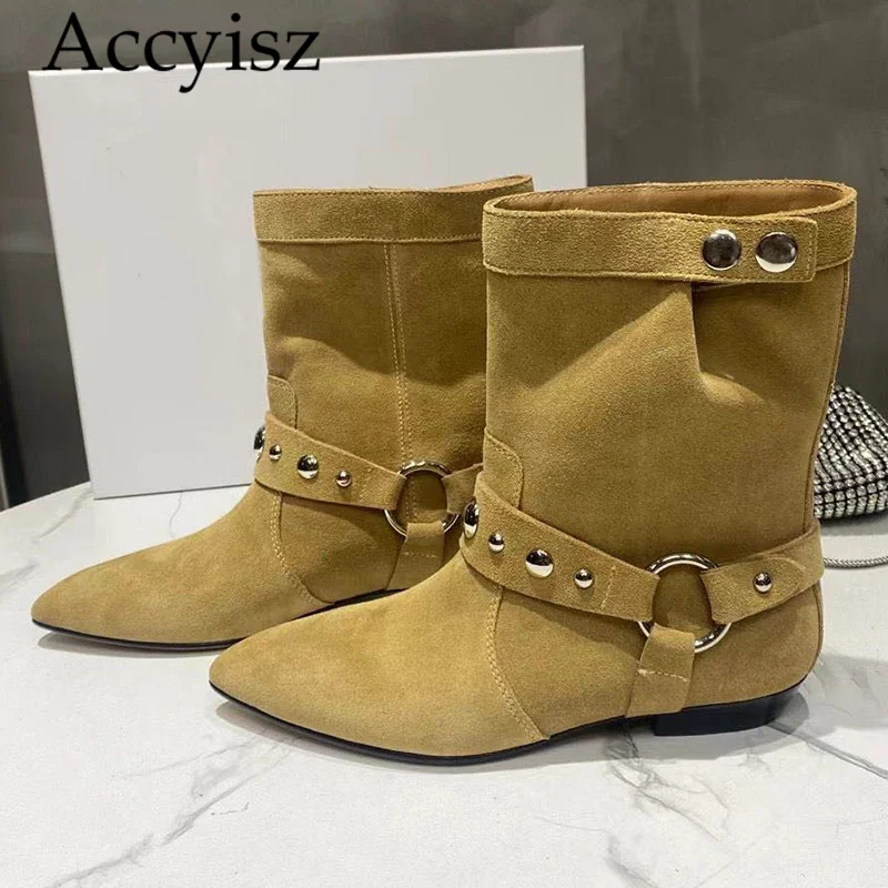 Retro Rivet Short Boots 2024 New Flat Bottom Matte Pointed toe Western Cowboy Boots Women's Metal Buckle Pullover Short Boots