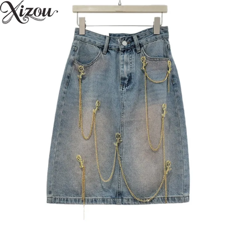 Women Retro High Waist A-Line Denim Midi Skirt Slimming Bow Metallic Rose Chain Vintage Casual Versatile Skirt 2026 Loose Street