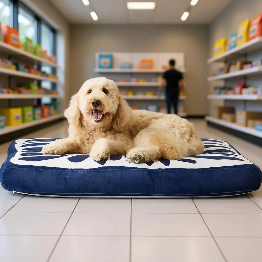 

Подушка-лежанка для животных CuddleTown Matisse Everwash, водоотталкивающая, с чехлом, который можно стирать в машине, успокаивающая, темно-синяя, большая, 44 дюйма