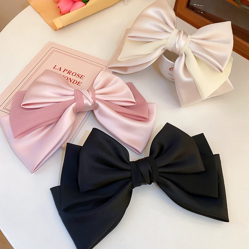 Sweet Pink Bow Hairpins Solid Color Big Bowknot Hair Clips Women Girls Soft Satin Barrettes Clip Party Wedding Hair Accessories